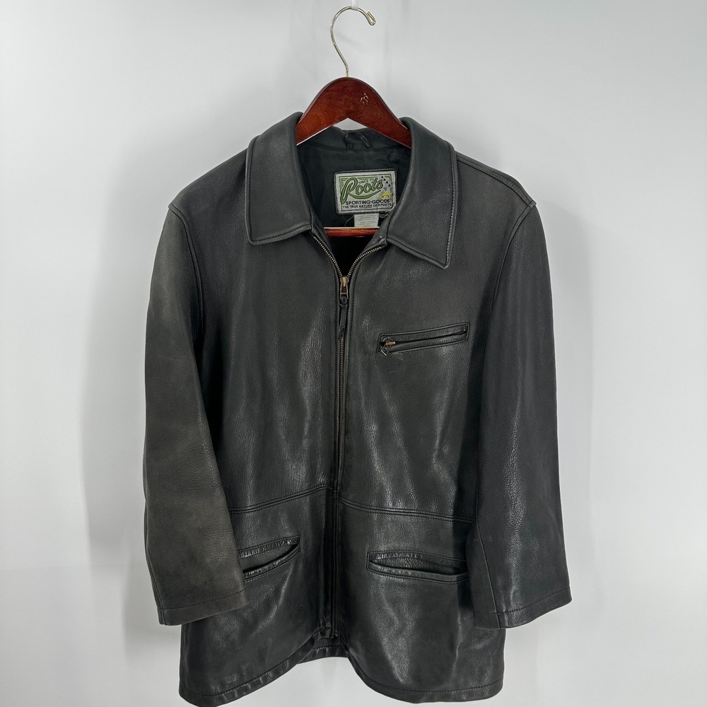 Vtg Y2k Roots Classic Biker Retro Full Zip Leather Bomber Jacket Black Size 3